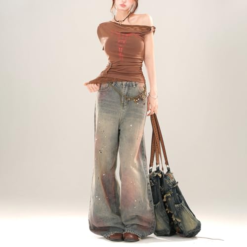 Harajuku Vintage Women's High Waisted Straight Leg Jeans Y2K Casual Colorful Tie-Dye Gradual Denim Pants4