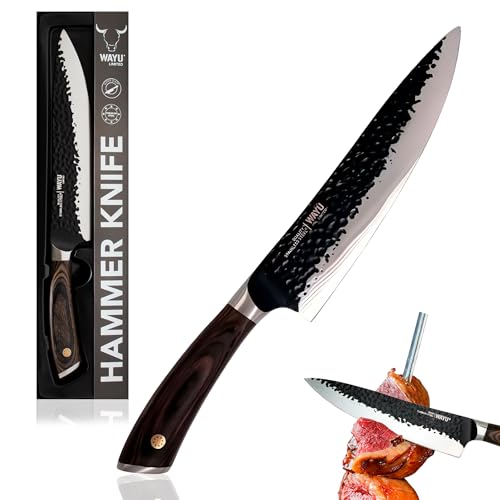 WAYU HAMMER KNIFE faca de cozinha profissional grande. Faca de chef multiusos, super afiada. Aço inoxidável alto carbono. Anti-aderente. Cabo de madeira. Comprimento total: 33,6 cm. Comprimento da