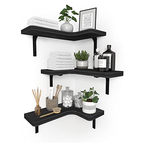 Saumonieres Corner Floating Shelves Wall Mount Shelf Solid Wood For Bedroom Bathroom Room Kitchen Storage Set Of 3, Black, Metal Brackets #TOP6