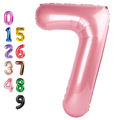 Image of Number Balloons Pink 7 Balloon 40 inch for 7 Birthday Party Decorations | Saturated Color, Large 40 in, With Straw & Hanging Hole, For Back-to-School Season, Wedding, Christmas, New Year, Anniversary