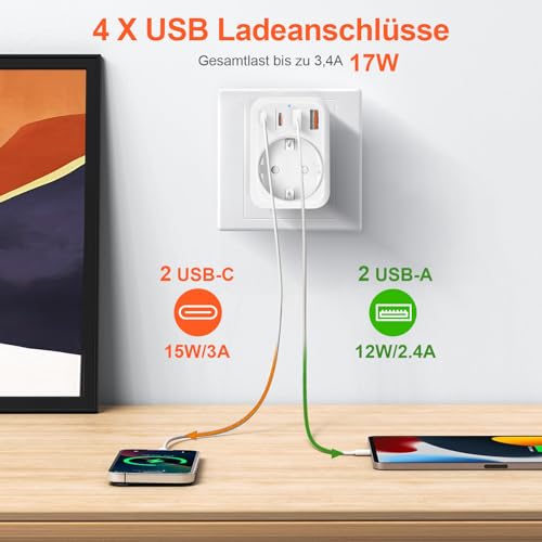 USA Adapter Steckdose, 5-In-1 Adapter USA Deutschland Stecker mit 1 AC 2 USB-C 2 USB-A (3.4A), EU to US Reiseadapter für Amerika Kanada Thailand Mexiko (White/Typ B)