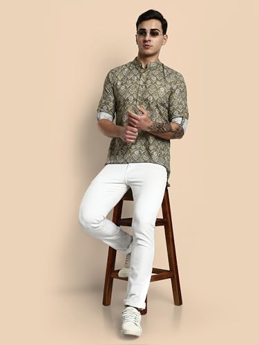 Image of Vardha Men's Cotton Printed Short Kurta with Comfortable Fit and Simple Style and Regular Look | Kurta for Men