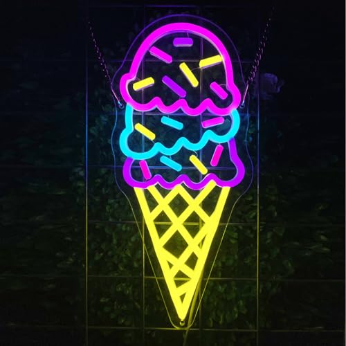 Image of Ice Cream Open Neon Sign Shop Wall Decor Custom Neon Signs Personalized Dimmable LED Light for Birthday Christmas Party Bedroom Bar Drink Shop USB Powered with Pink Yellow Blue Glow (14.7 x 6.7)