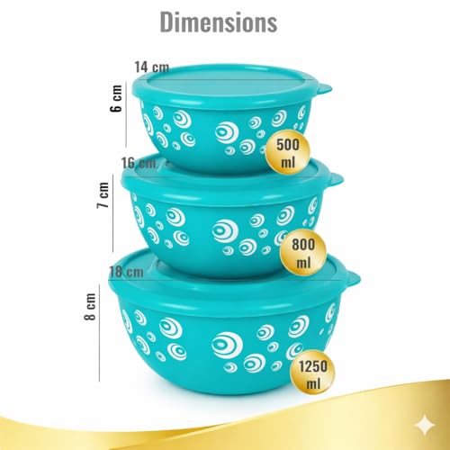 Image of Microwave Safe Stainless Steel Food Storage Container with Lid | Euro Mixing Bowl Set for Kitchen | 500ml, 800ml, 1250ml | Pack of 3(Classic Turq. Spiral)