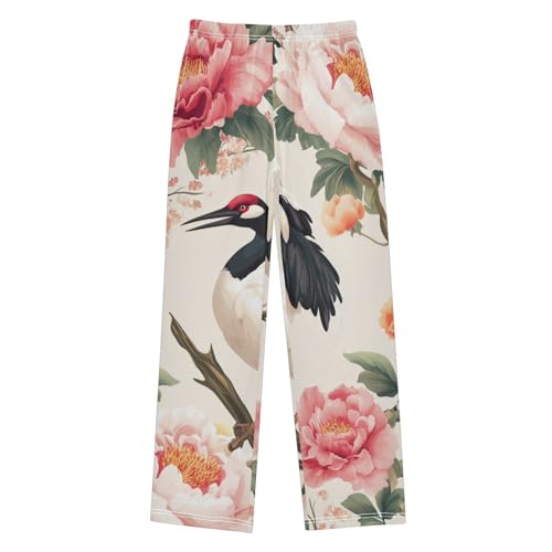 Crane Birds Peonies Boys Long Pants Soft Trousers Elastic Waist Kids Lounge Bottoms with Pockets S-XL