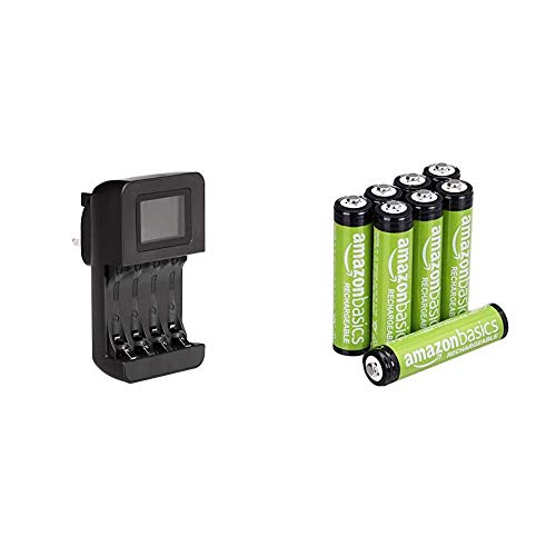 Amazon Basics Intelligent Digital Battery Charger for 4 AA, AAA & AAA Rechargeable Batteries, Pre-charged - Pack of 8 (Appearance may vary)