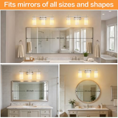 Image of SOLFART Brushed Nickel Bathroom Light Fixtures, 3-Light Modern Vanity Light Over Mirror, Wall Sconces with Milky White Frosted Glass Shades, E26 Socket (Bulbs Not Included)