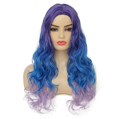 Image of Swiking Purple Long Curly Ombre Wigs for Women Purple Mixed Blue Wavy Synthetic Hair Colorful Cosplay Halloween Costume Wigs