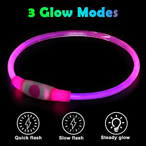 AUAUY LED Leuchthalsband Hund, USB Aufladbar Längenverstellbarer Haustier Sicherheit Kragen Zuschneidbares Wasserdicht Leuchthalsband für Hunde und Katzen, 3 Modus (Rosa)