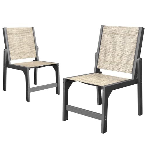 Image of Patio Stackable Chairs Set of 2, HDPE Armless Outdoor Dining Chairs with Wide Seat, All-Weather Textilene Oversized Porch Chair for Garden, Poolside, Backyard, Deck | Grey