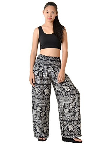 Orient Trail Women's Bohemian Elephant Design Yoga Wide Leg Harem Pants Flared Bottom Large Elephant Black 2