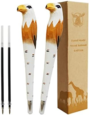 MAGIC WOOD 2PCS Wood Carved Animal Gel Pen 100% Handmade and handpaited, Cute Stationary School Supply Office Supply, Fun Pen Novelty Writing Pen, Unique Gift Pen for Animal (Eagle on the tree)