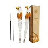 MAGIC WOOD 2PCS Wood Carved Animal Gel Pen 100% Handmade and handpaited, Cute Stationary School Supp