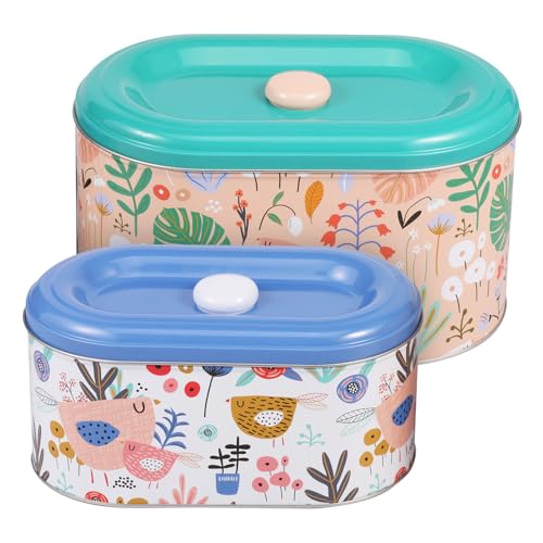 2Pcs Small Storage Box, Metal Biscuit Storage Container Decorative Snack Tin Canister, Large Capacity Retro Storage Containers with Lid for Earring Crafting Jewely Pills Home Hooks Small Items (A)