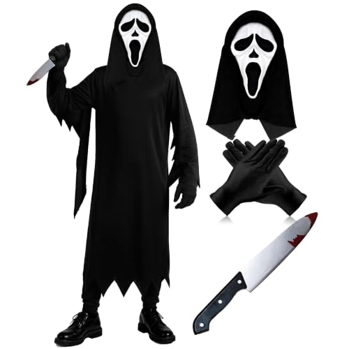The Fancy Dress Ghost Face Costume Kids 4 Piece Set With Black Hooded Robe And Gloves, Ghost Face Mask & Fake Blooded Knife Prop, Halloween Costumes For Boys 4-12 Years (Sull Set, 10-12 Years)