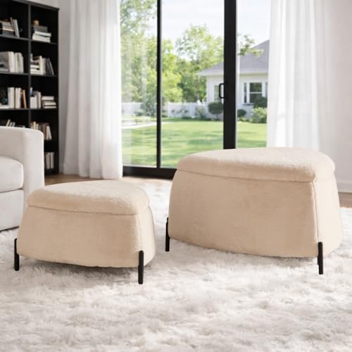 Aortzio 2-Piece Faux Fur Nesting Ottoman Set, Triangle Storage Footstool with Metal Legs & Reversible Tray, Modern Upholstered Pouf Set for Living Room Bedroom Entryway, Oatmeal.