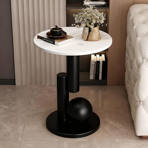 Image of Round End Table, Luxury Circle Modern Side Table, Marble Side Tables for Living Room, Creative Aesthetic Coffee Table Bedside Nightstand for Couch Bedroom Sofa Patio Balcony (White Black, H 21.7inch)