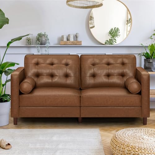 Image of 67 Inches Modern Faux Leather 2-Seat Sofa w /2 Bolster Pillows & Tufted Backrest, Mid-Century Couch, Premium 2 Seaters Sofa for Living Room, Bedroom, Office, Brown
