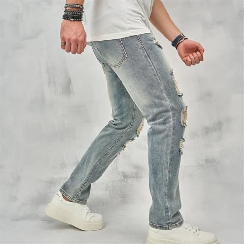 Men Streetwear Spring Loose Holes Distressed Straight Jeans Pants Retro Male Denim Trousers3