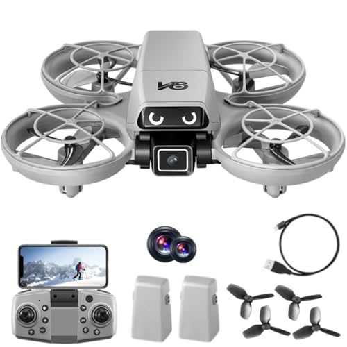 RC Small Drone with Dual Cameras, Light Eyes, All-Round Propeller Guard, Altitude Hold, One-Key Takeoff, 3D Flips, 2 Batteries, Intelligent Obstacle Avoidance, Remote Control Helicopter Airplane, Hovering, APP Control, LED Lights, for Beginners FPV Palm Takeoff Mini Quadcopter Drones For Kids 8-12 (Gray-White)