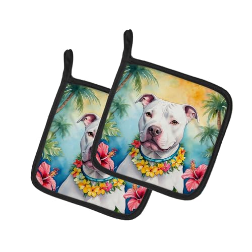 Caroline's Treasures Pit Bull Terrier Luau Pair of Pot Holders Kitchen Heat Resistant Pot Holders Sets Oven Hot Pads for Cooking Baking BBQ, 7 1/2 x 7 1/2