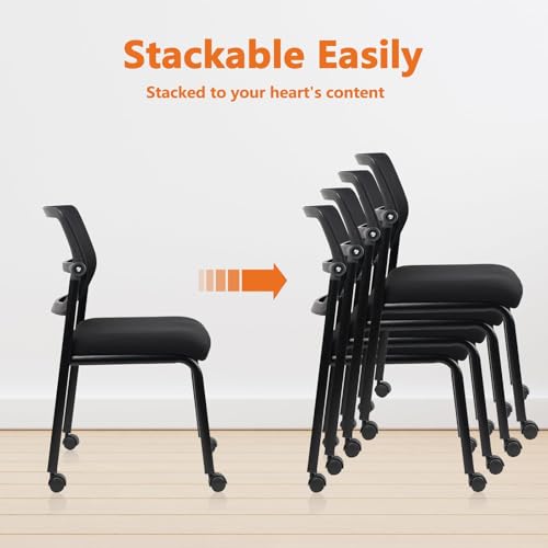 Image of CLATINA Stacking Armless Office Chair with Wheels, Stackable Mesh Guest Reception Desk Chairs with Adjustable Backrest for Waiting Room Conference Lobby Side School, Black, 12 Pack