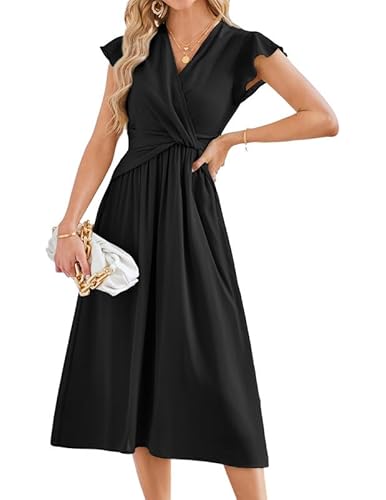 JASAMBAC Women's Chiffon Dress with Ruffle Flutter Sleeves, Summer Midi A-Line Wedding Guest Dress in Black