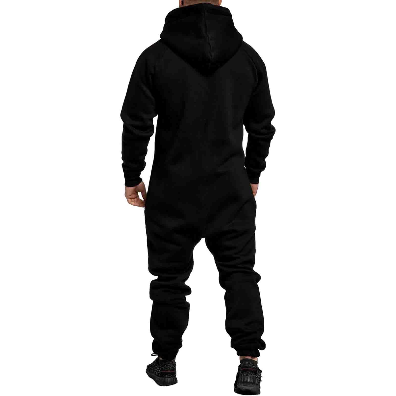 Herren Jumpsuit Overall mit KapuzeSlim Fit Einteiler Baumwolle Jogginganzug Winter Warm Trainingsanzug Fleece Ganzkörperanzug mit Taschen Reißverschluss und Kapuze One Piece Fitness Männer Bekleidung