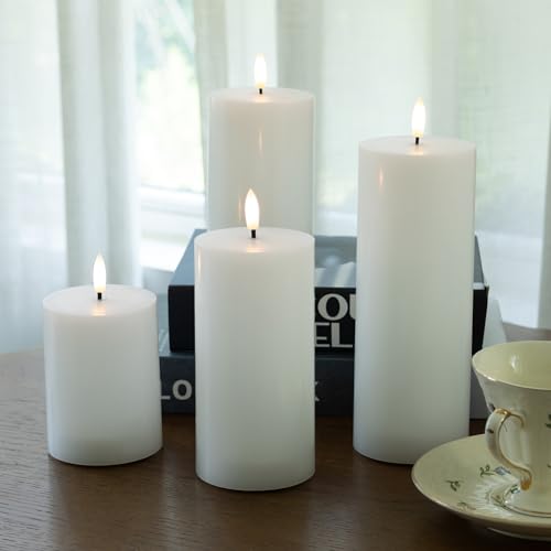 Image of White Flameless Pillar Candles, Battery Operated Wax Candles with Remote, Flat Top Flickering Flameless Candles, LED Candle for Home, Wedding, Party Decor, Set of 4, Φ 3 inch H 4 inch 5 inch 6 inch 8 inch