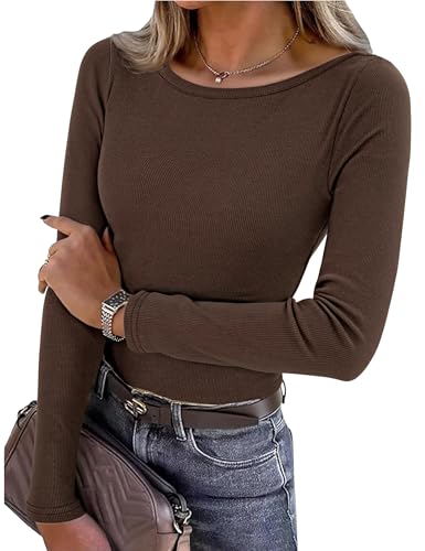 Leversic Camiseta de Mujer de Manga Larga Básica Lisa Elástica Ajustada Estilo Y2K Ideal para Salir Tipo Túnica(Marrón,L)