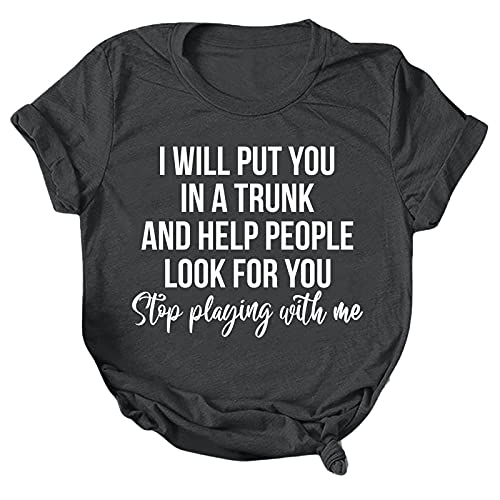 Aniywn Women's Graphic Letter Print Tunic Tees Round Neck Short Sleeve T Shirt Tops Loose Casual Summer Comfy Blouse Dark Gray