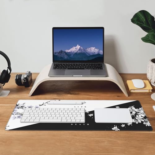 Image of Japanese Life Death Keyboard Mat, Black White Japanese Anime Gaming Mouse Pad for Desk with Anti-Slip Rubber Base and Stitched Edges, Japanese Sakura Pagoda Sun Mouse Pad