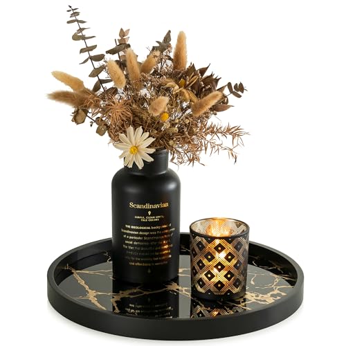 Hanobe Plateau Decoratif Rond Deco: Moderne Plateaux Noir à Effet Marbre de Service pour Table Basse Salon - 30cm Luxe Decoration Maison pour Cuisine Chambre