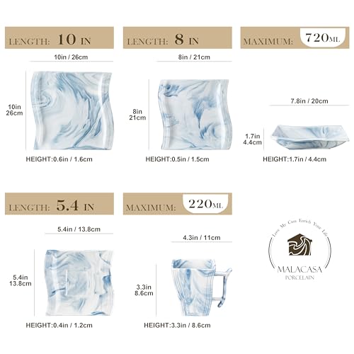 Image of MALACASA Dinnerware Sets for 6, 30 Piece Porcelain Plates and Bowls Sets, Square Dish Set with Dinner Plate and Bowl, Cup and Saucer, Blue Dishes Dinnerware Set, Modern Dishware Sets, Series Flora