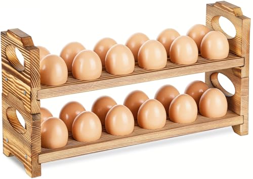 AOOHOOA Wooden Egg Holder Countertop, Stackable Wooden Egg Storage & Organizer, 2-Tier /24-Hole Farmhouse Eggs Rack Wood with Handle for Fresh Eggs to Store Chicken/Duck/Quail/Turkey/Easter Egg