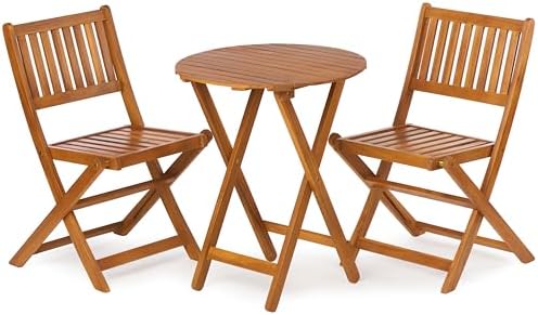Mederlo 3-Piece Acacia Wood Bistro Set, Wooden Folding Patio Furniture for Garden Backyard Balcony Porch w/ 1 Coffee Table and 2 Foldable Chairs