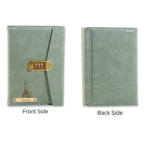 Image of AICA Personalized Name & Charm Lock Leather Diary A5-230 Pages with Locked Password Combination | Customized Daily Journal Notes Gift for Men Women Corporates Boss Staff Manager Colleagues (MintGreen)