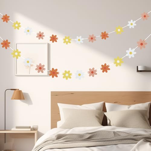 2 Packs Gänseblümchen Boho Banner, Gänseblümchen Deko für Geburtstag Party Dekorationen, Rosa Blumen Papier Geburtstag Girlande, Blumengirlande für Kinderzimmer Deko Mädchen