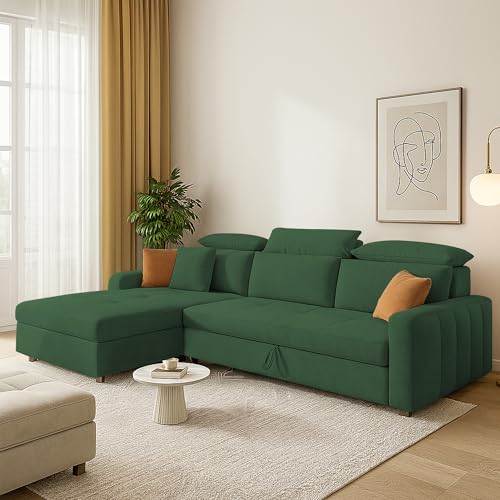 Image of Casaliving Gagnon LHS 4 Seater L Shape Corner Sofa Cum Bed for Living Room (Green Fabric) Premium Fabric Sofa