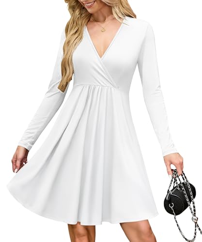 AUSELILY Strickkleid Damen - Herbstkleid Damen Wickelkleid V-Ausschnitt Midi Kleider Winterkleid mit Taschen Weißes Kleid M