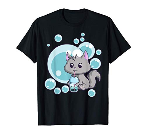 Kawaii Gato Burbuble Té Anime Divertido Boba Té Neko Kitty Camiseta