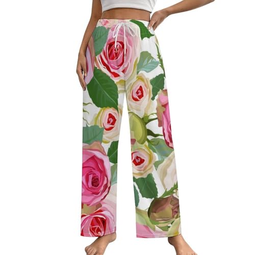 Bas de pyjama femme confortable fleurs roses pantalon de nuit taille S avec poches