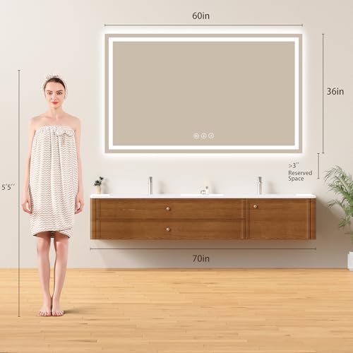 Image of 60x36 LED Bathroom Mirror with Lights - Dimmable, Anti-Fog, 3 Color Backlit & Front Lit Mirror for Bathroom, Shatter-Proof Tempered Glass, Easy Installation
