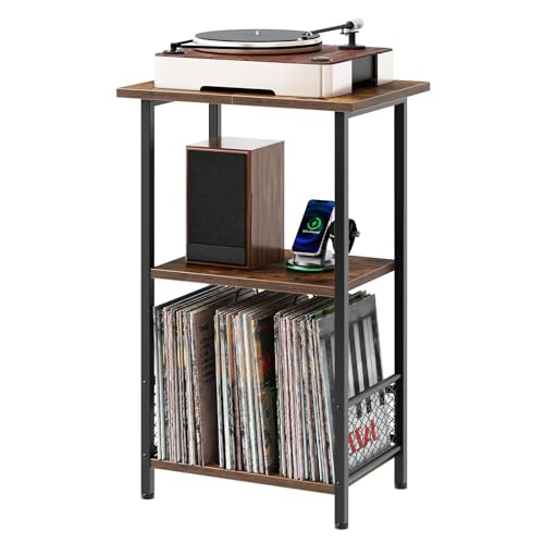 HOOBRO Record Player Stand, Turntable Stand with Storage, 3-Tier Album Vinyl Record Storage Rack with Dividers, End Table, for Living Room, Bedroom, Rustic Brown and Black EBF06RS01