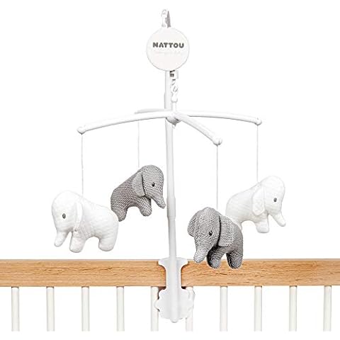Nattou Cot Mobile With Soothing Melody, No Batteries Needed, Next-To-Me Wide Up Musical Soother for Newborn, 37 x 31 cm, Jacquard & Knitted Tembo Elephants Cover