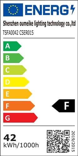 EU Energy Efficiency Label for the MEIKEE TSFA0042, showing an energy rating of F and consumption of 42 kWh/1000h. Includes a QR code linking to the EPREL database.