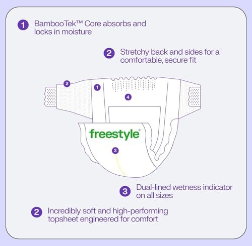Freestyle BambooTek 기저귀 - (사이즈 5) 초흡수성 및 무독성 - 민감한 피부를 위한 일회용 기저귀 - 매우 부드러운 기저귀(1.9kg(25파운드) 이상) - 44개입 — 사진 6