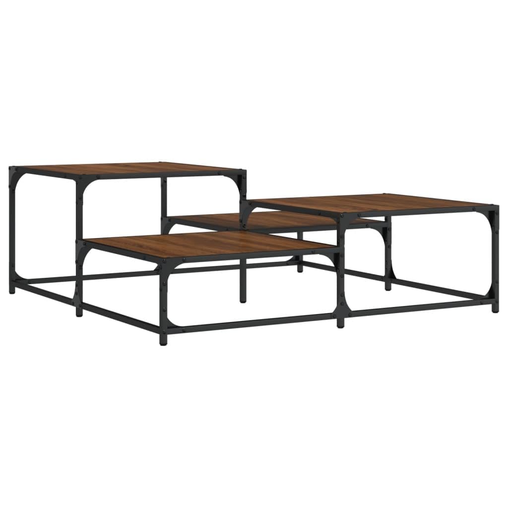 Stolik kawowy, brązowy, imitacja dębu, materiał drewnopochodny i metal, 107 x 107 x 40 cm, kwadratowy, z regulowanymi nogami i stabilnym blatem stołu, do salonu, na sofę, do biura