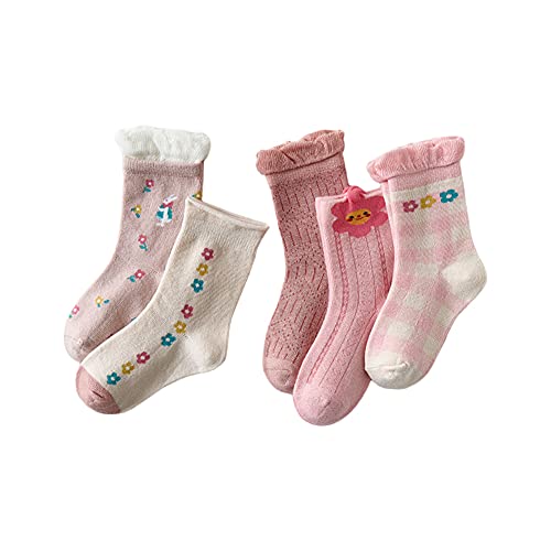 Mud Kingdom Bambin Fille Chaussettes de Dessin Animé Doux 5 Paires à Volants Fleurs Mignonnes Rose 1-3 Ans Coton Équipage Cover