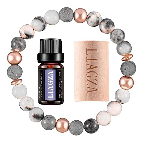 liagza Lava Rock Bead Bracelet For Women-Zebra Stone Beaded Bracelets Essential Oil Aromatherapy Bracelet Set Balancing Chakra - Perfect Gifts For Women (Grey) Cover